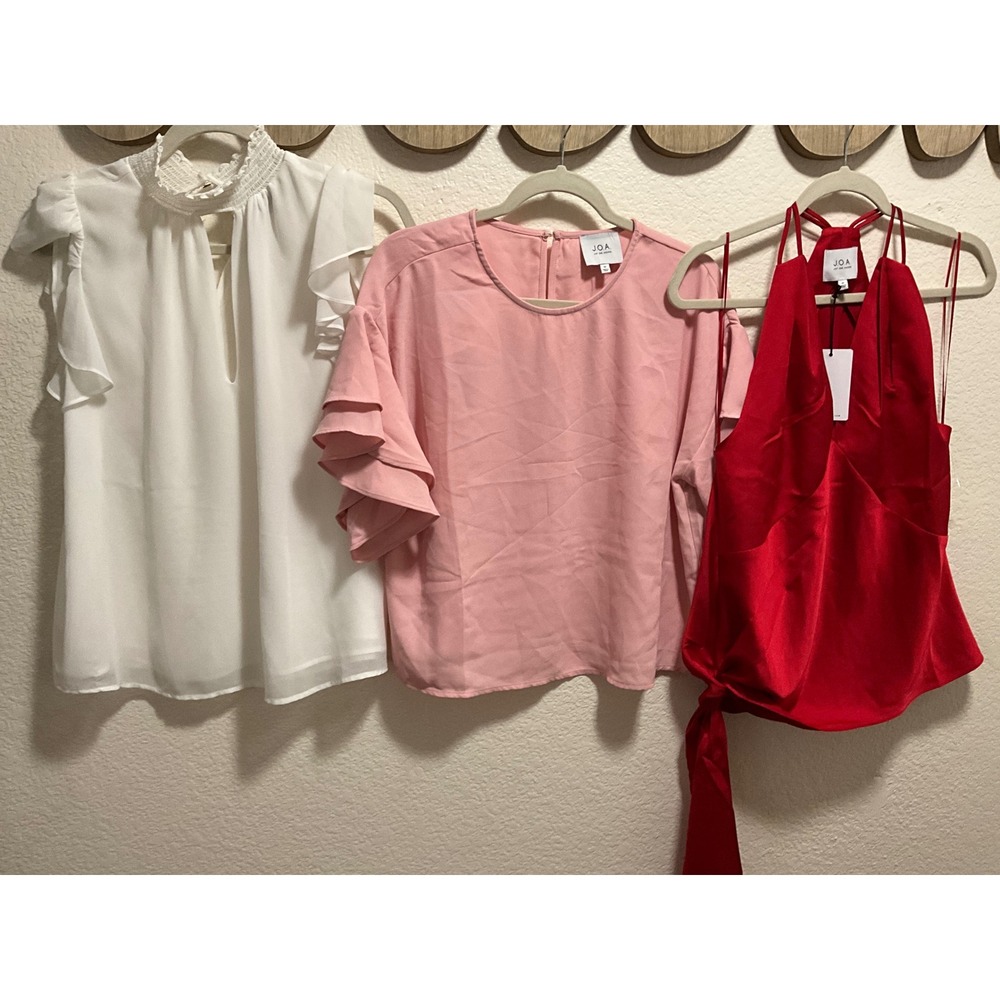 Bundle 3 Tops 1.STATE White Smocked J.O.A. Pink Ruffle Red Satin Halter Medium